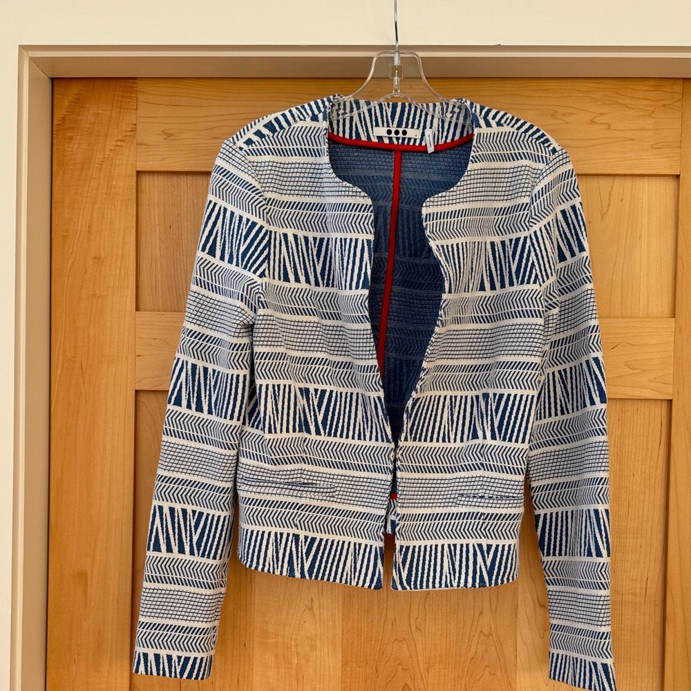 Three Dots Blue and White Striped Blazer